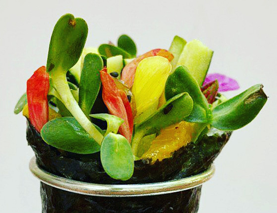 zoom da foto de um temaki vegano bem colorido com vegetais e frutas